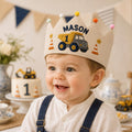 Personalized Construction Birthday Crown, Embroidered Linen-Look Kids Crown, Custom Name Dump Truck First Birthday Hat
