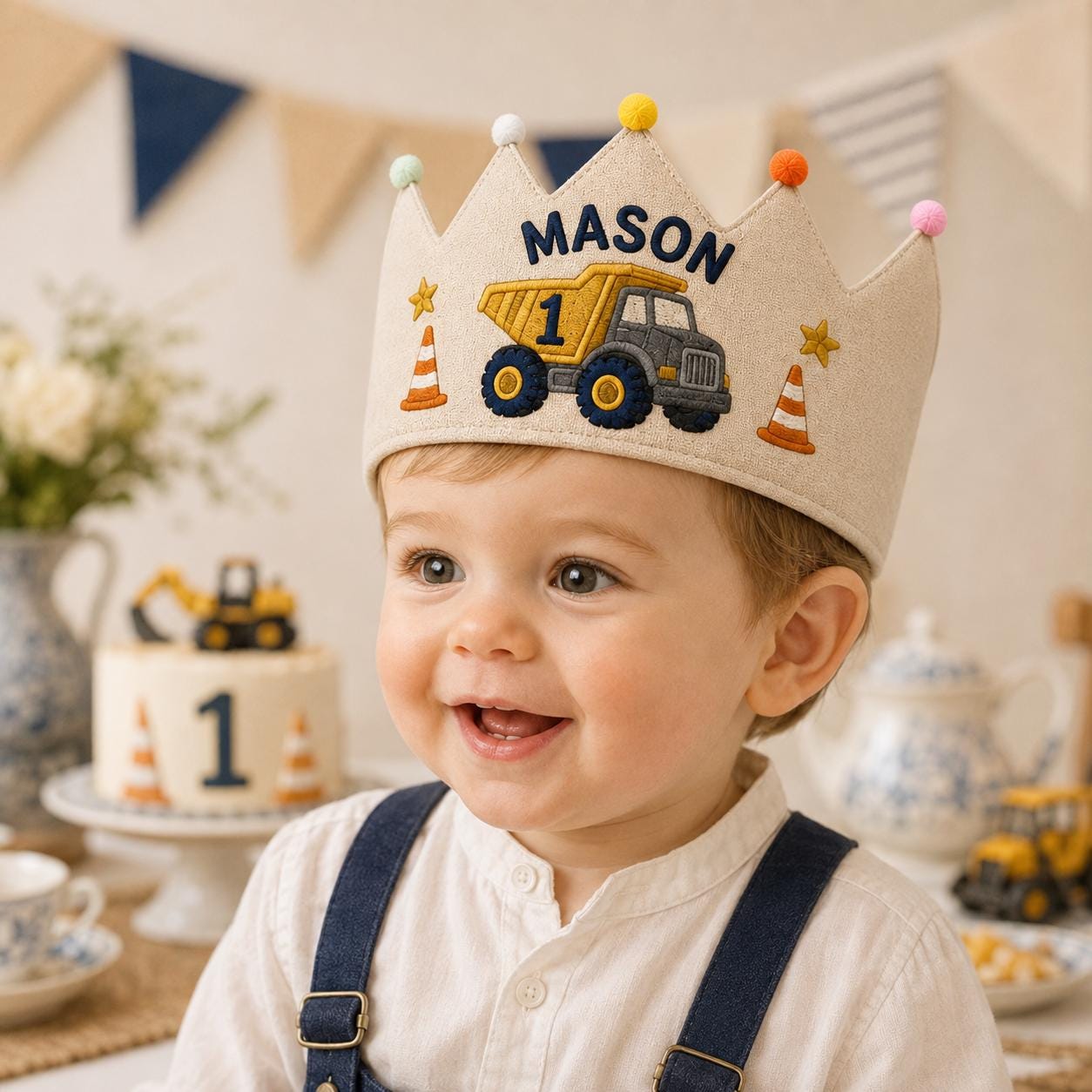 Personalized Construction Birthday Crown, Embroidered Linen-Look Kids Crown, Custom Name Dump Truck First Birthday Hat