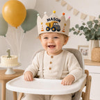 Personalized Construction Birthday Crown, Embroidered Linen-Look Kids Crown, Custom Name Dump Truck First Birthday Hat