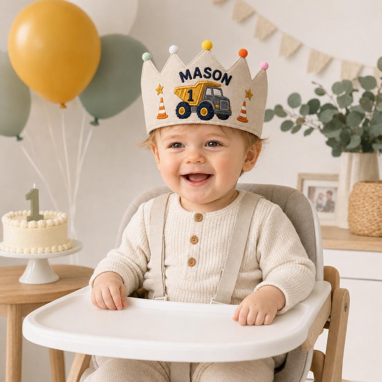 Personalized Construction Birthday Crown, Embroidered Linen-Look Kids Crown, Custom Name Dump Truck First Birthday Hat