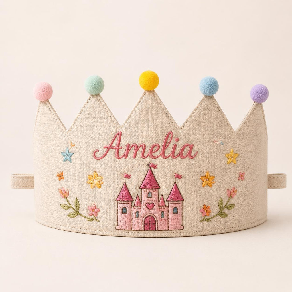 Personalized Embroidered Birthday Crown, Custom Name & Age Linen-Look Kids Crown, First Birthday Party Hat, Baby Keepsake Gift