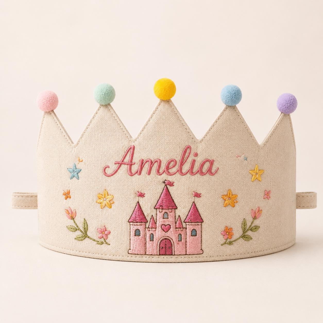 Personalized Embroidered Birthday Crown, Custom Name & Age Linen-Look Kids Crown, First Birthday Party Hat, Baby Keepsake Gift