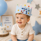 Personalized Space Birthday Crown, Embroidered Linen-Look Crown, Rocket First Birthday Hat, Custom Name Astronaut Party Crown