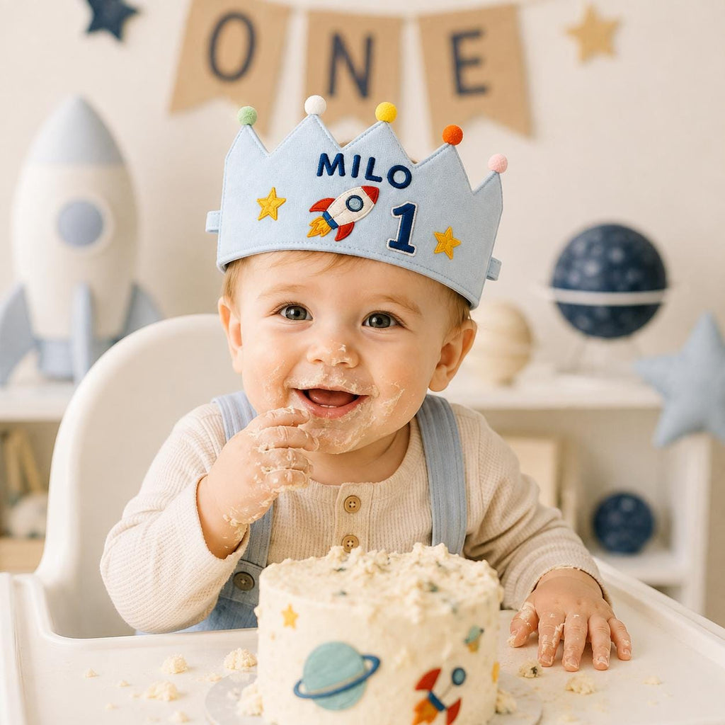 Personalized Space Birthday Crown, Embroidered Linen-Look Crown, Rocket First Birthday Hat, Custom Name Astronaut Party Crown