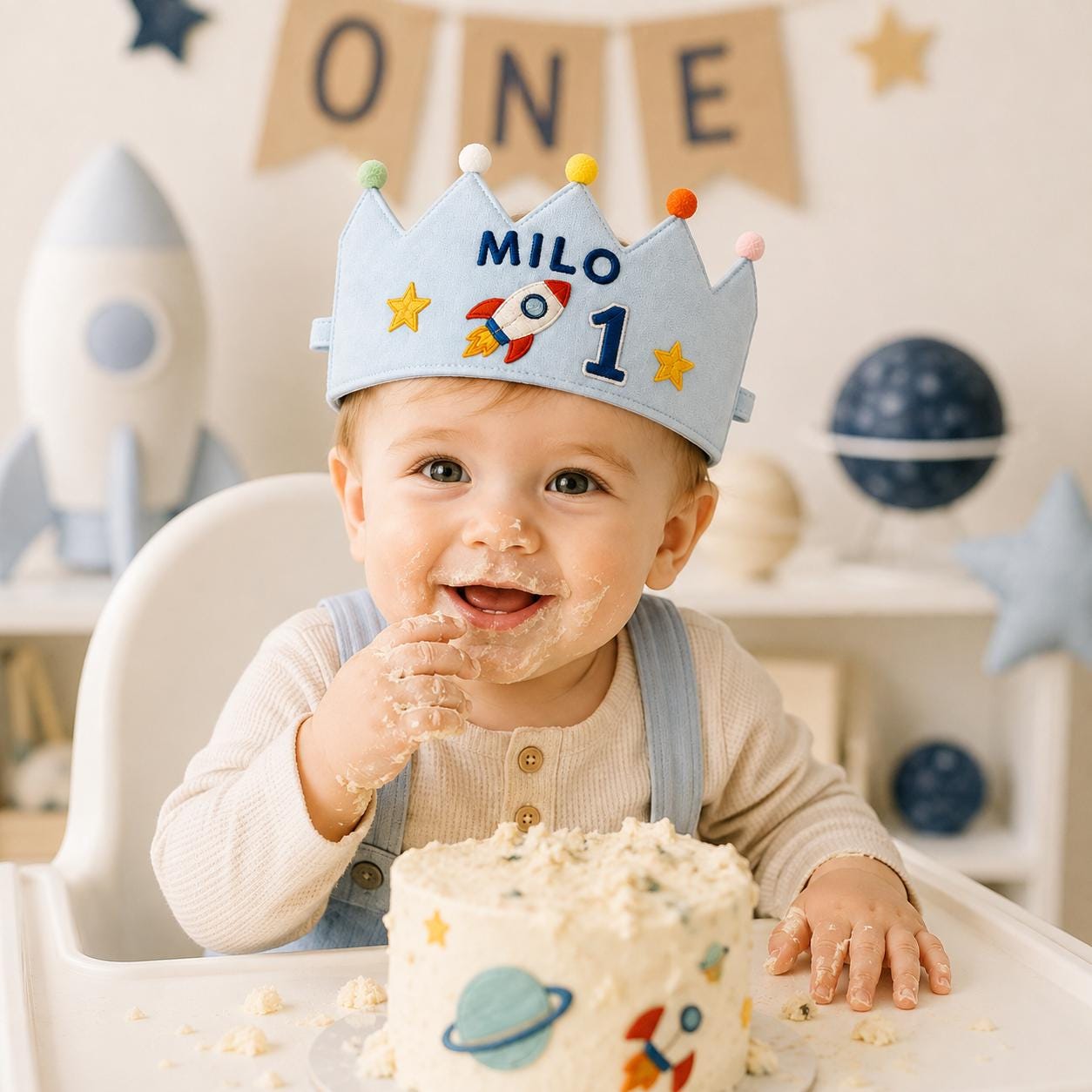 Personalized Space Birthday Crown, Embroidered Linen-Look Crown, Rocket First Birthday Hat, Custom Name Astronaut Party Crown