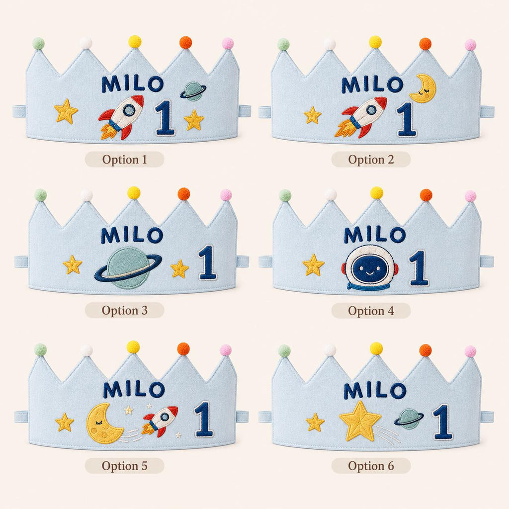 Personalized Space Birthday Crown, Embroidered Linen-Look Crown, Rocket First Birthday Hat, Custom Name Astronaut Party Crown