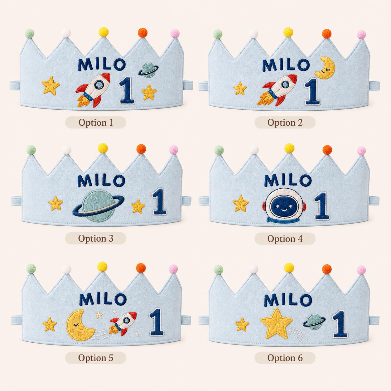 Personalized Space Birthday Crown, Embroidered Linen-Look Crown, Rocket First Birthday Hat, Custom Name Astronaut Party Crown
