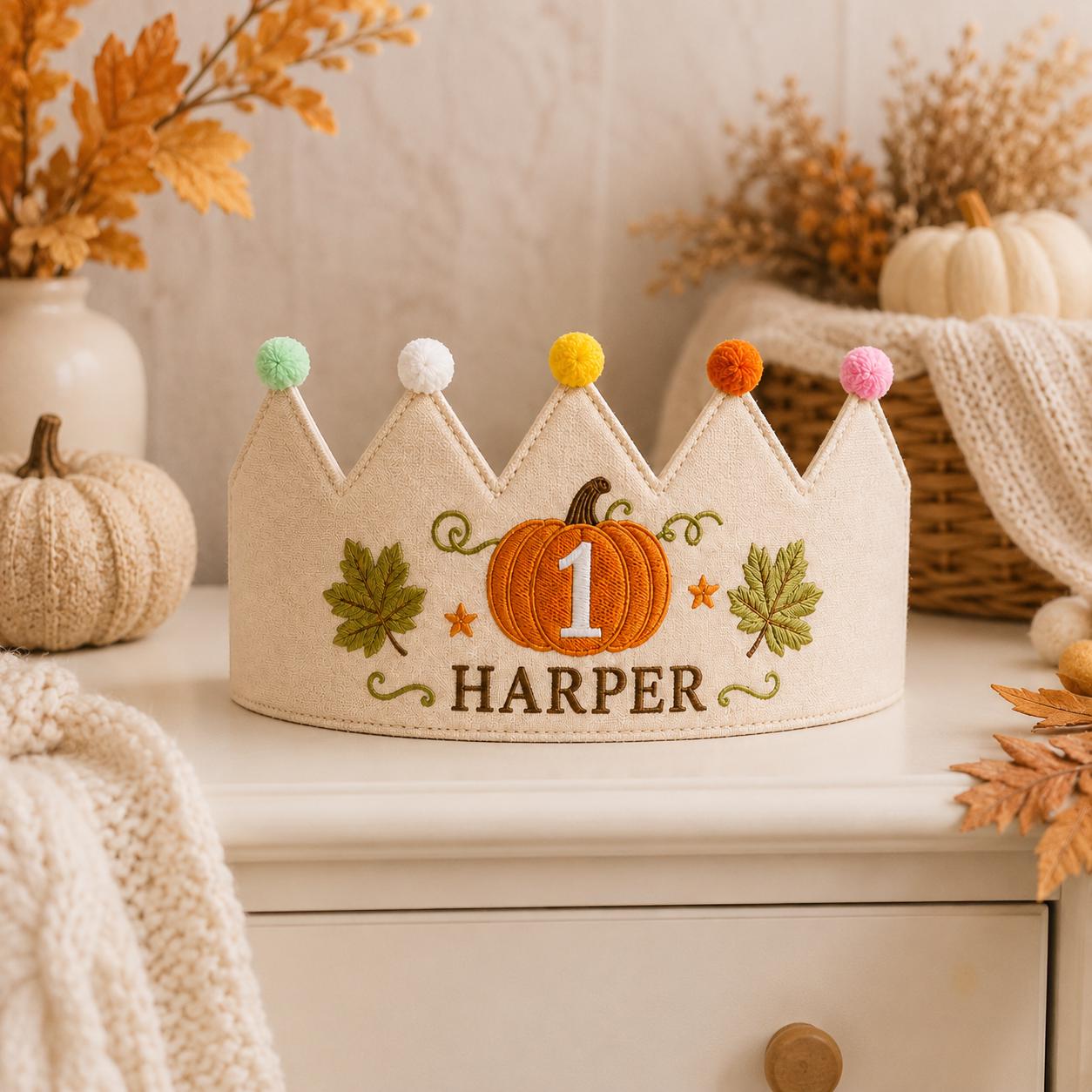 Personalized Pumpkin Birthday Crown, Embroidered Linen-Look Fall Birthday Hat, Custom Name First Birthday Crown, Little Pumpkin Keepsake