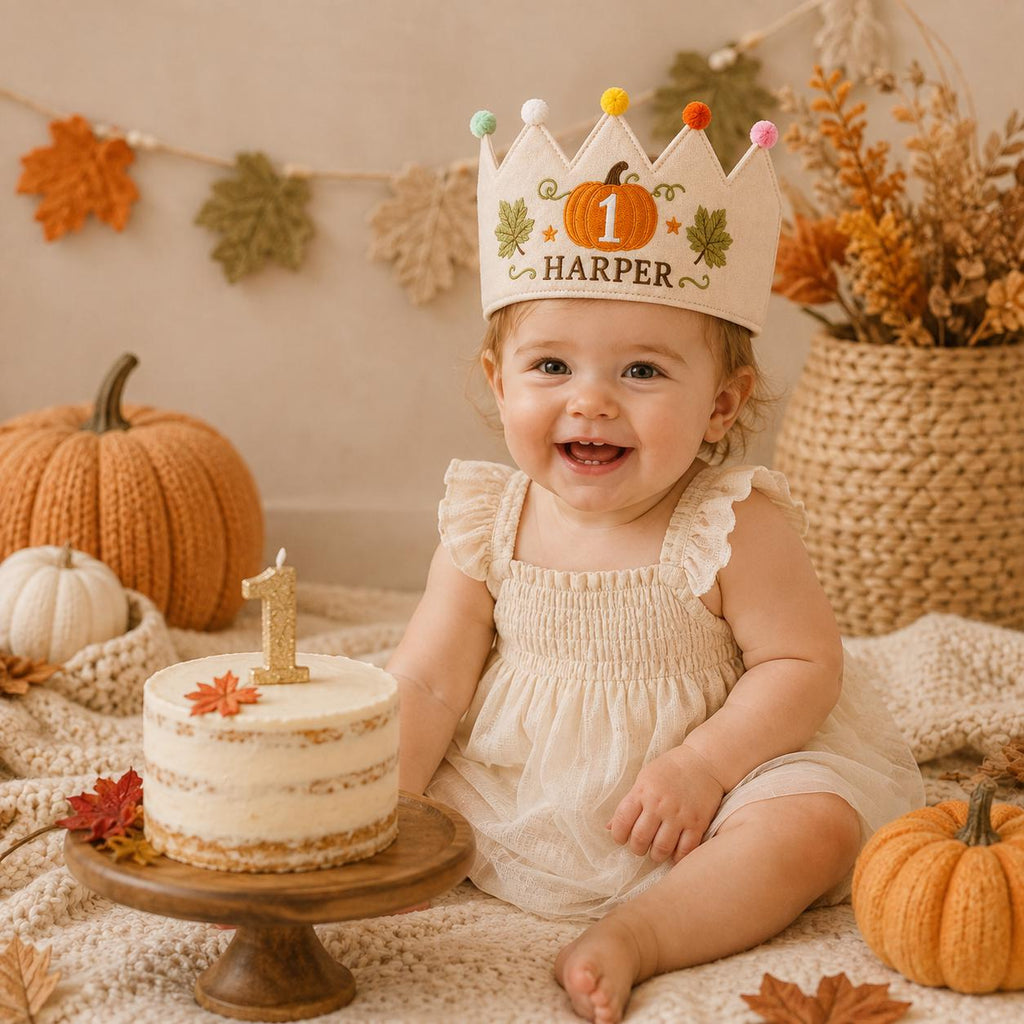 Personalized Pumpkin Birthday Crown, Embroidered Linen-Look Fall Birthday Hat, Custom Name First Birthday Crown, Little Pumpkin Keepsake