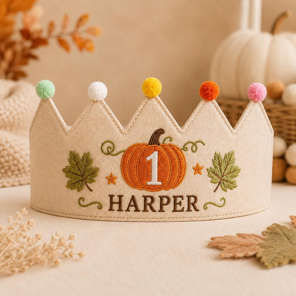 Personalized Pumpkin Birthday Crown, Embroidered Linen-Look Fall Birthday Hat, Custom Name First Birthday Crown, Little Pumpkin Keepsake