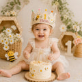 Personalized Bee Birthday Crown, Embroidered Linen-Look Crown, Custom Name First Birthday Hat, Daisy Garden Baby Keepsake
