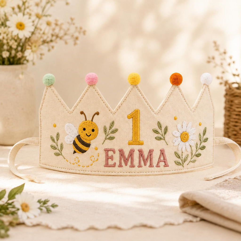 Personalized Bee Birthday Crown, Embroidered Linen-Look Crown, Custom Name First Birthday Hat, Daisy Garden Baby Keepsake