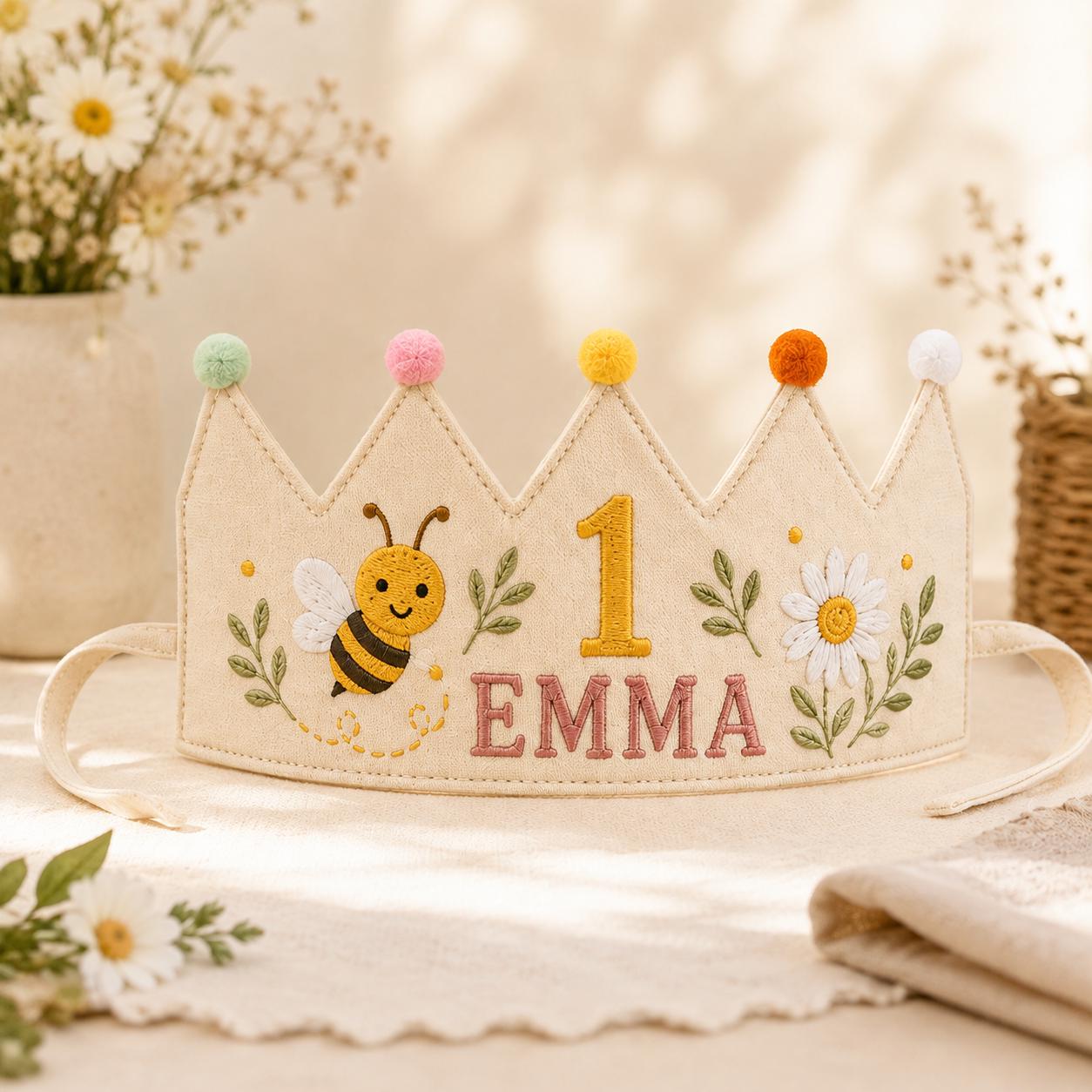 Personalized Bee Birthday Crown, Embroidered Linen-Look Crown, Custom Name First Birthday Hat, Daisy Garden Baby Keepsake