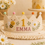 Personalized Bee Birthday Crown, Embroidered Linen-Look Crown, Custom Name First Birthday Hat, Daisy Garden Baby Keepsake