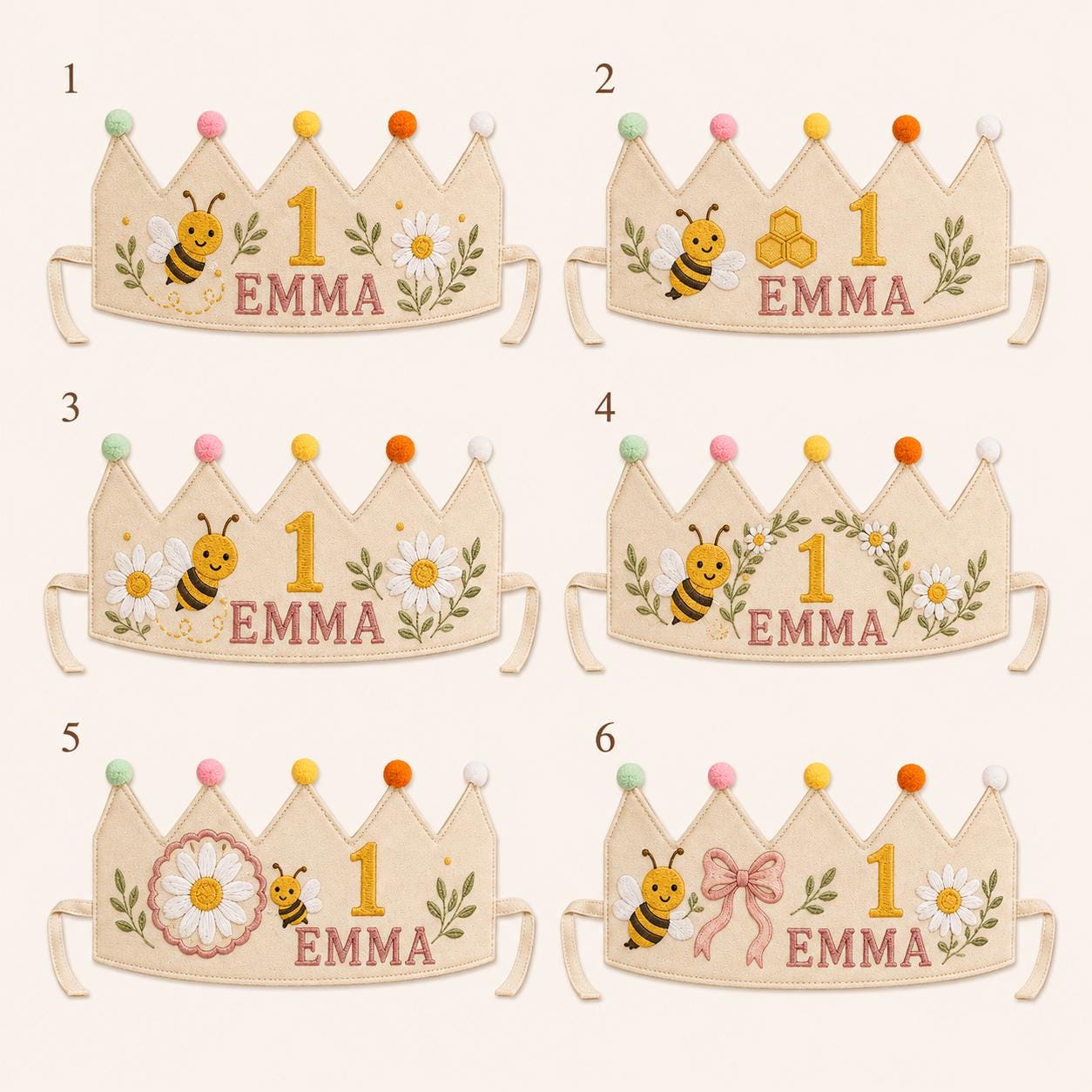 Personalized Bee Birthday Crown, Embroidered Linen-Look Crown, Custom Name First Birthday Hat, Daisy Garden Baby Keepsake