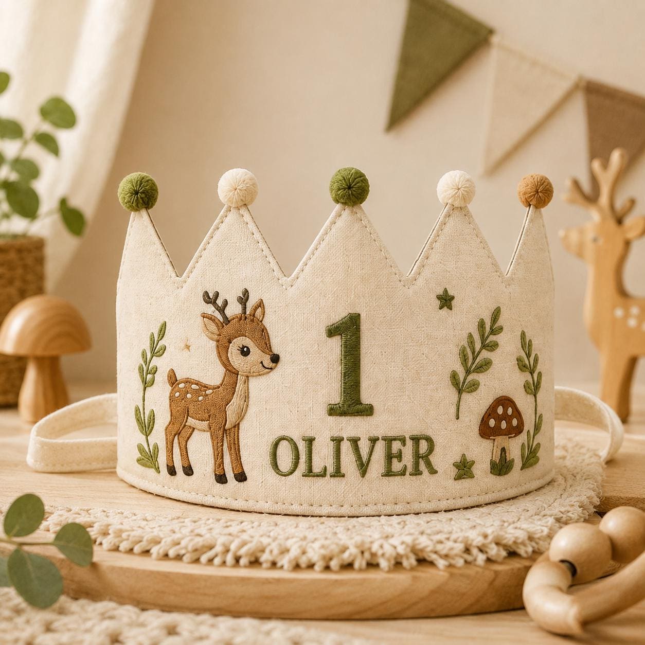 Personalized Embroidered Name Crown, Minimal Star Linen-Look Birthday Crown, Reusable Kids Party Hat, Baby Keepsake Gift