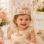 Personalized Embroidered Name Crown, Minimal Linen-Look Birthday Crown, Reusable Kids Party Hat, Custom Baby Keepsake
