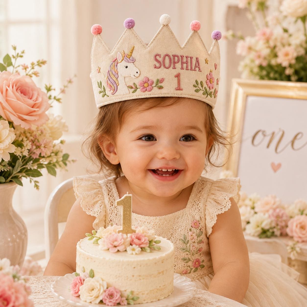 Personalized Embroidered Name Crown, Minimal Linen-Look Birthday Crown, Reusable Kids Party Hat, Custom Baby Keepsake