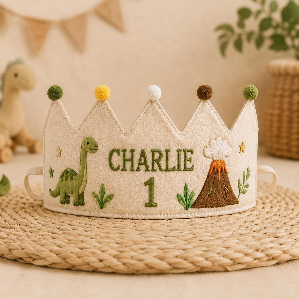Personalized Embroidered Name Crown, Minimal Linen-Look Birthday Crown, Reusable Kids Party Hat, Custom Baby Keepsake