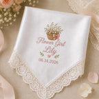 Flower Girl Embroidered Handkerchief, Personalized Wedding Hanky, Satin Lace Keepsake Gift for Flower Girl