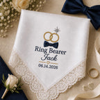 Ring Bearer Embroidered Handkerchief, Personalized Wedding Hanky, Satin Lace Keepsake Gift for Ring Bearer