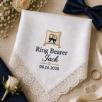 Ring Bearer Embroidered Handkerchief, Personalized Wedding Hanky, Satin Lace Keepsake Gift for Ring Bearer