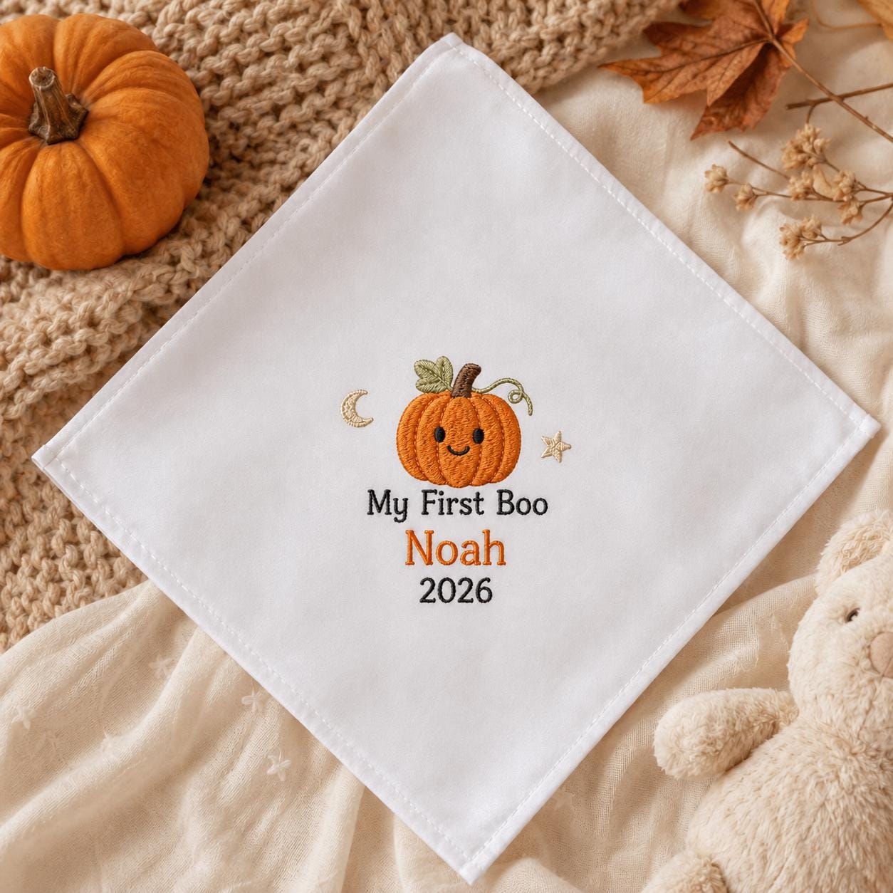 My First Boo Embroidered Handkerchief, Personalized Baby Halloween Hanky, Custom First Halloween Keepsake Gift