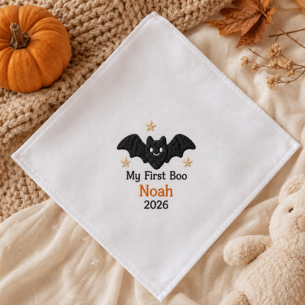 My First Boo Embroidered Handkerchief, Personalized Baby Halloween Hanky, Custom First Halloween Keepsake Gift