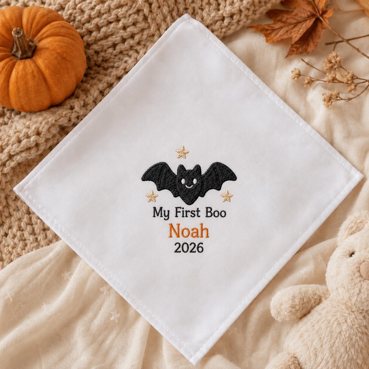 My First Boo Embroidered Handkerchief, Personalized Baby Halloween Hanky, Custom First Halloween Keepsake Gift