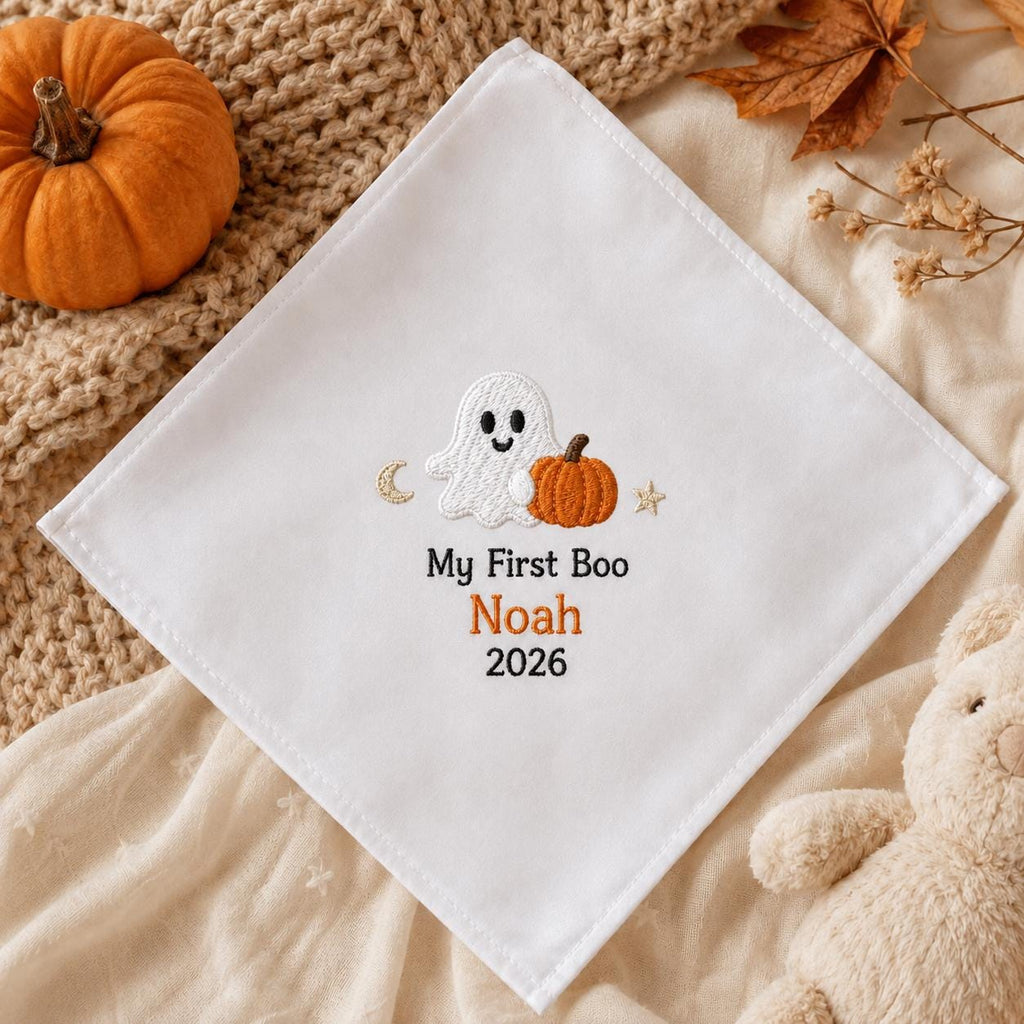 My First Boo Embroidered Handkerchief, Personalized Baby Halloween Hanky, Custom First Halloween Keepsake Gift