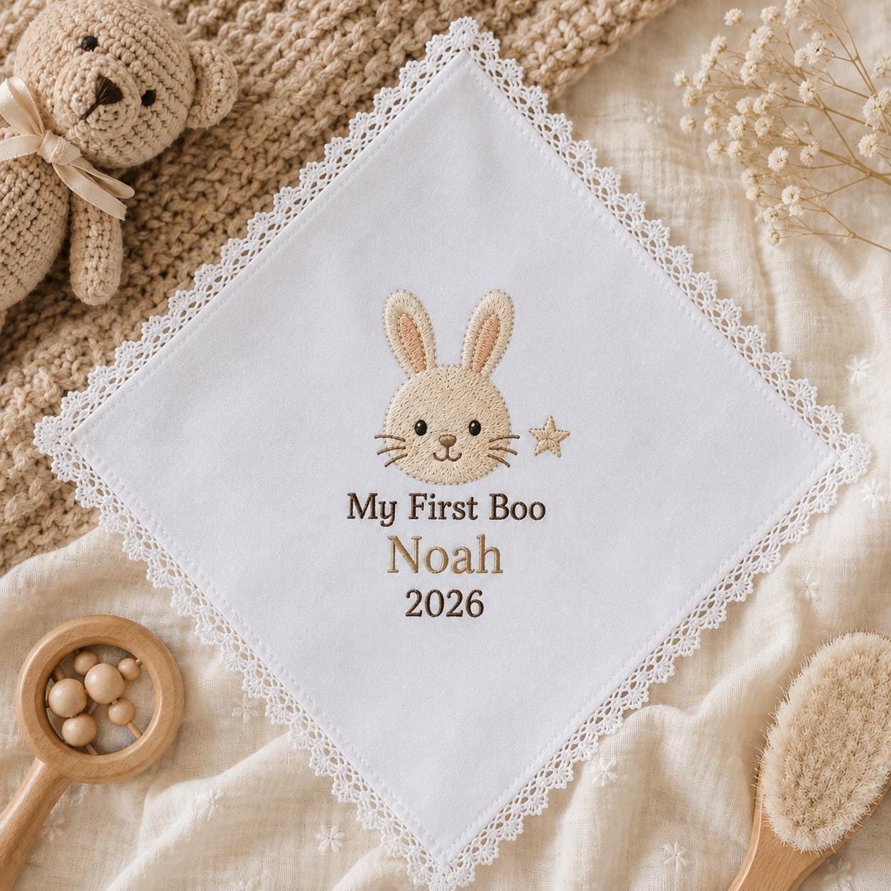 My First Boo Embroidered Handkerchief, Personalized Baby Keepsake Hanky, Custom Teddy Bear Halloween Newborn Gift