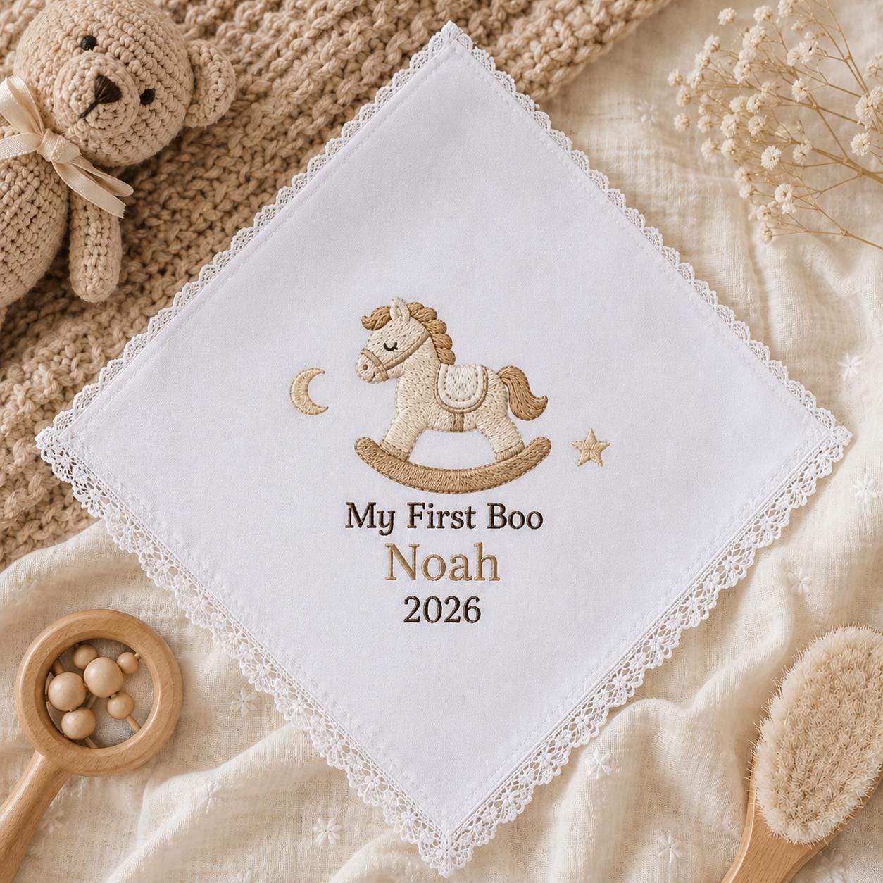My First Boo Embroidered Handkerchief, Personalized Baby Keepsake Hanky, Custom Teddy Bear Halloween Newborn Gift