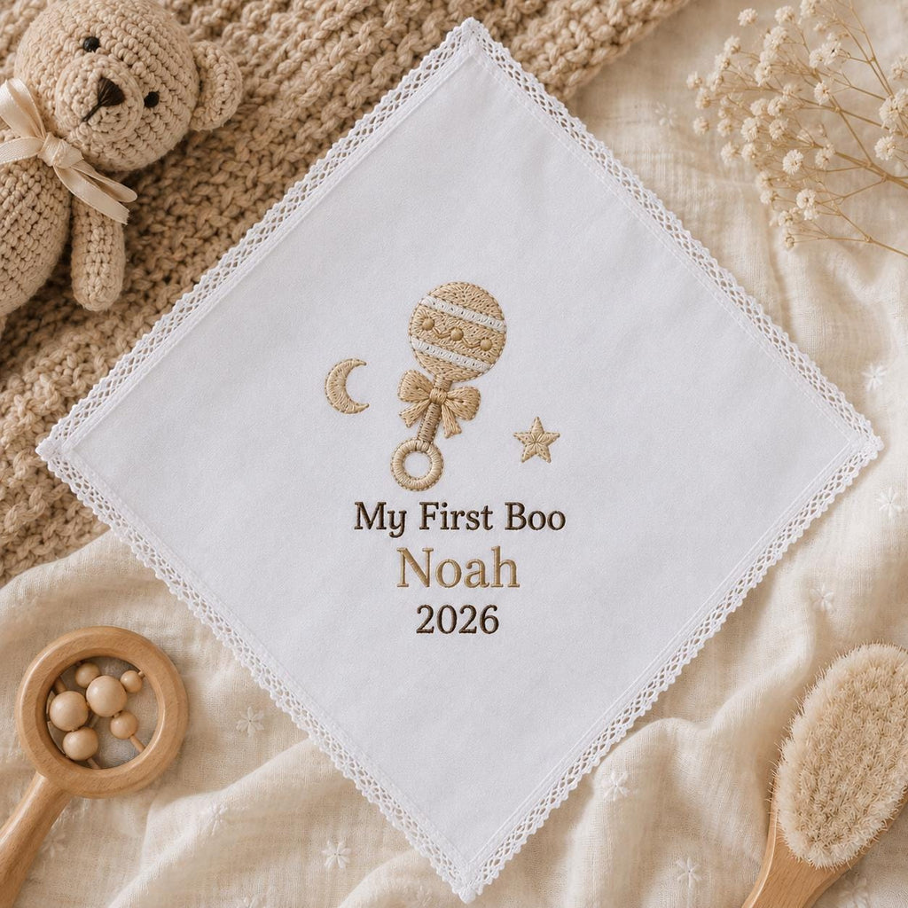 My First Boo Embroidered Handkerchief, Personalized Baby Keepsake Hanky, Custom Teddy Bear Halloween Newborn Gift