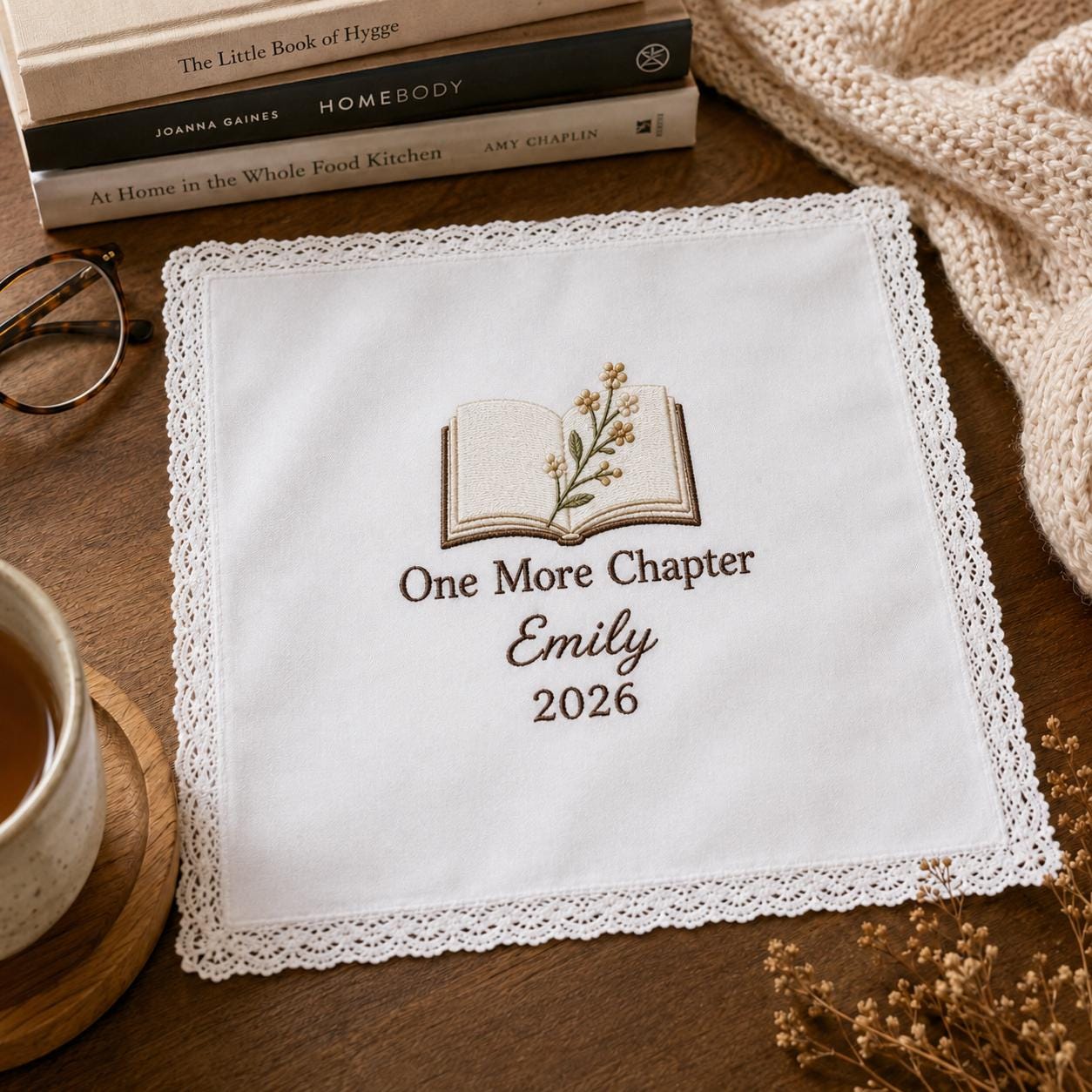 Book Lover Embroidered Handkerchief, Personalized Reader Hanky, One More Chapter Keepsake Gift for Book Lover