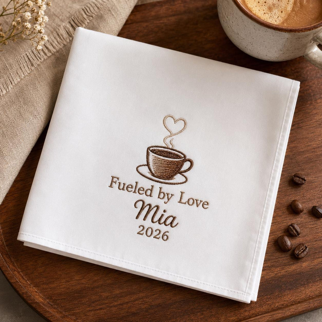 Coffee Lover Embroidered Handkerchief, Personalized Barista Hanky, Custom Coffee Keepsake Gift for Cafe Owner