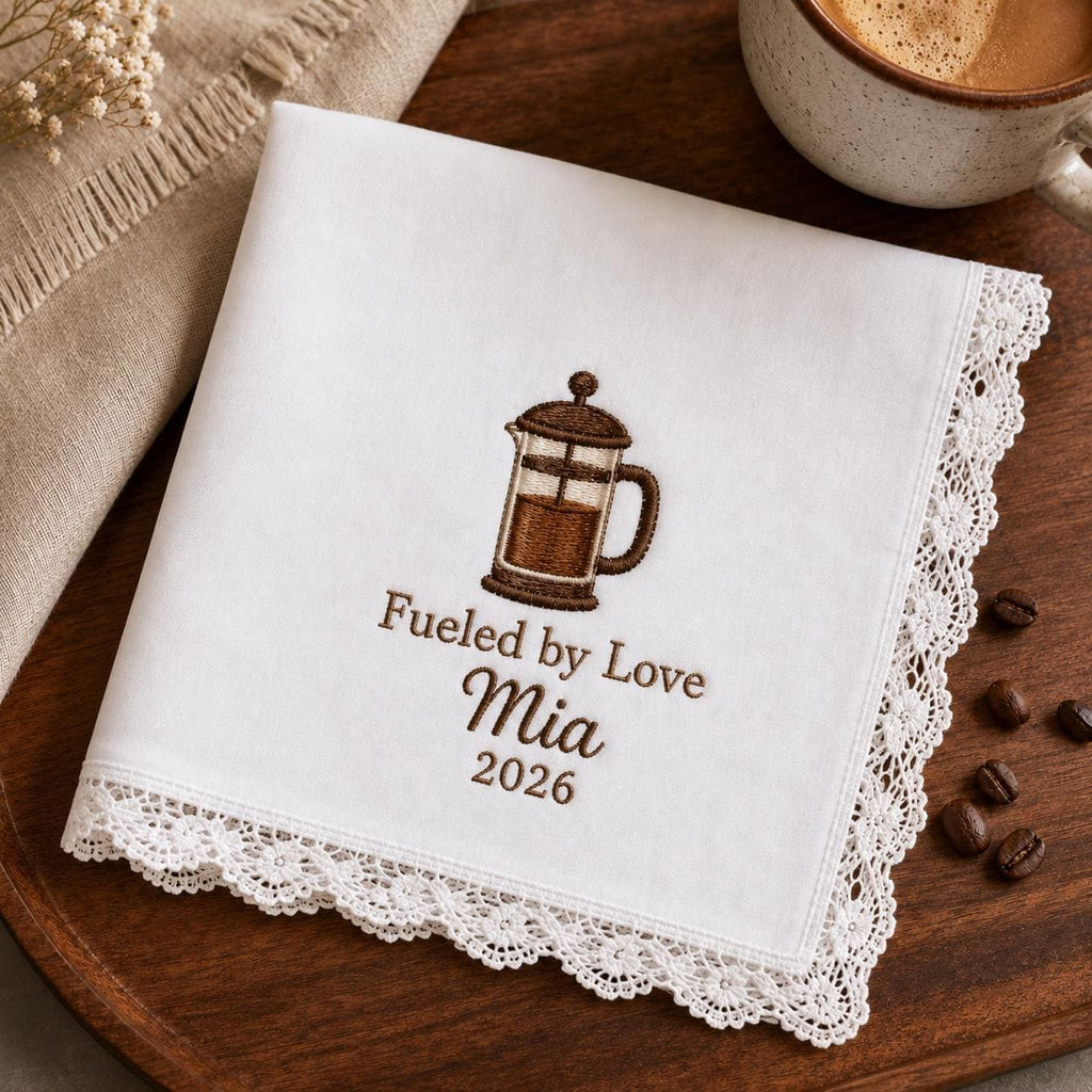 Coffee Lover Embroidered Handkerchief, Personalized Barista Hanky, Custom Coffee Keepsake Gift for Cafe Owner