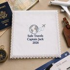 Safe Travels Embroidered Handkerchief, Personalized Pilot Hanky, Custom Flight Attendant Travel Keepsake Gift
