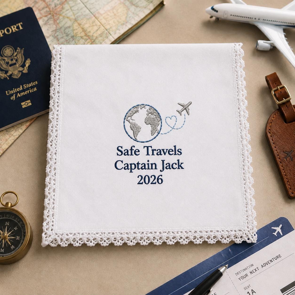 Safe Travels Embroidered Handkerchief, Personalized Pilot Hanky, Custom Flight Attendant Travel Keepsake Gift