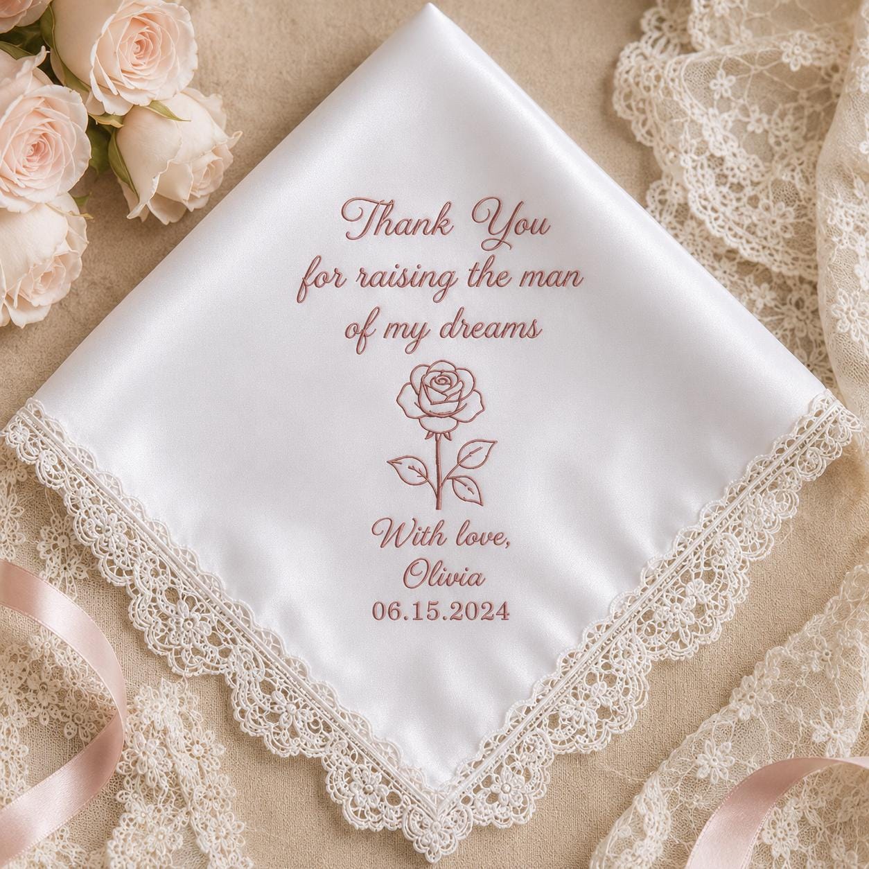 Mother In Law Embroidered Handkerchief, Thank You for Raising the Man of My Dreams, Personalized Wedding Hanky Gift