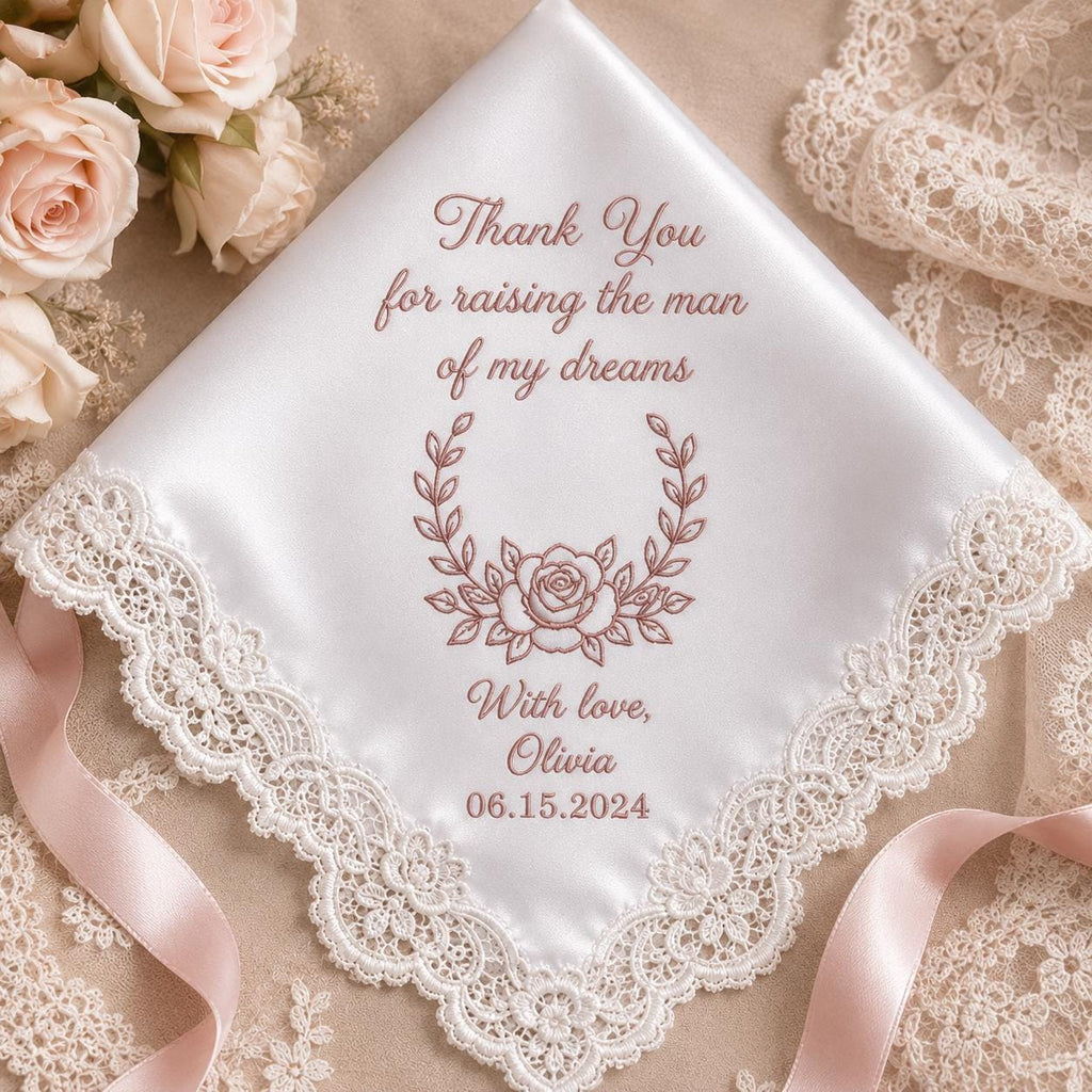 Mother In Law Embroidered Handkerchief, Thank You for Raising the Man of My Dreams, Personalized Wedding Hanky Gift