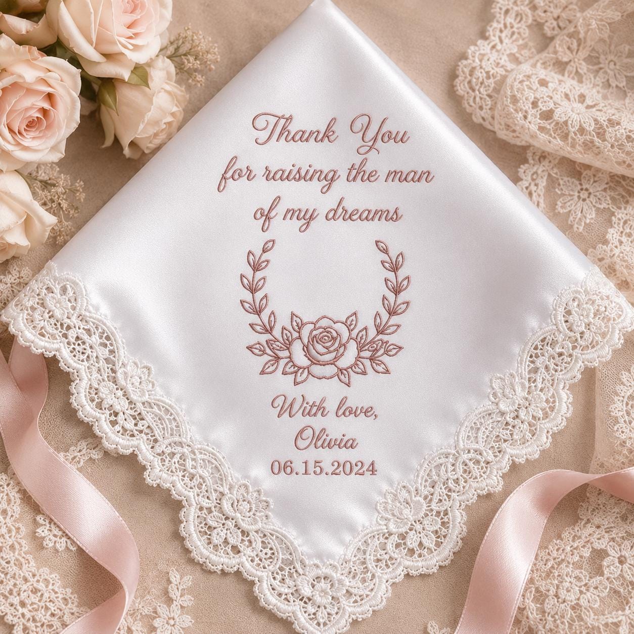 Mother In Law Embroidered Handkerchief, Thank You for Raising the Man of My Dreams, Personalized Wedding Hanky Gift