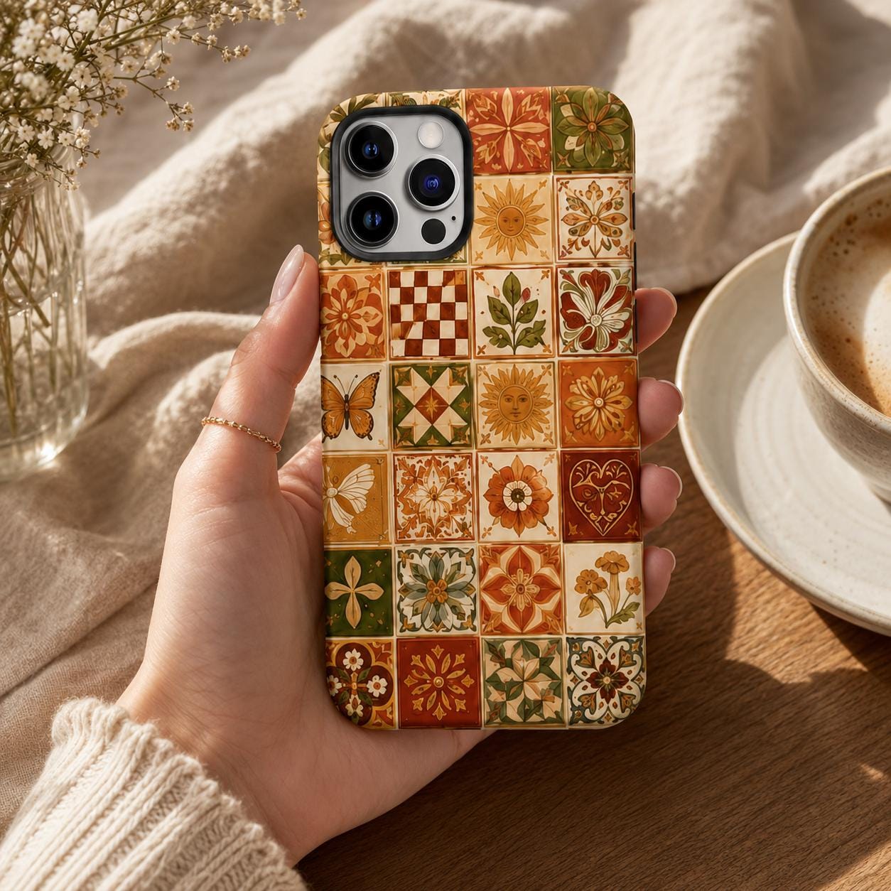 Custom Tile Phone Case, Mediterranean Mosaic Phone Cover, Floral Talavera Case, Personalized Boho iPhone Gift For Her