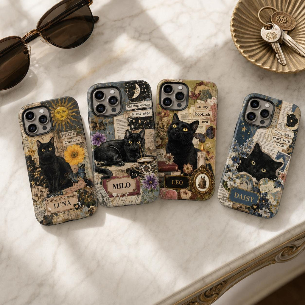 Custom Black Cat Phone Case, Personalized Vintage Collage Cat Case, Witchy Celestial Bookish Phone Cover Gift