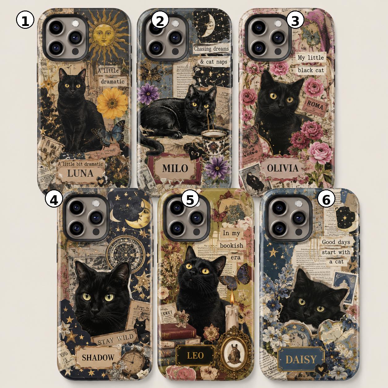 Custom Black Cat Phone Case, Personalized Vintage Collage Cat Case, Witchy Celestial Bookish Phone Cover Gift