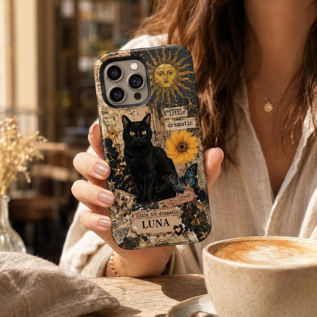 Custom Black Cat Phone Case, Personalized Vintage Collage Cat Case, Witchy Celestial Bookish Phone Cover Gift