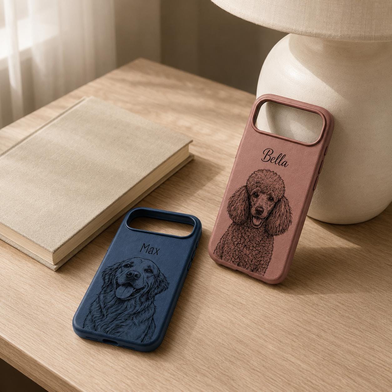 Custom Pet Portrait Phone Case, Personalized Dog Cat Name Case, Engraved Leather Style Phone Cover Gift