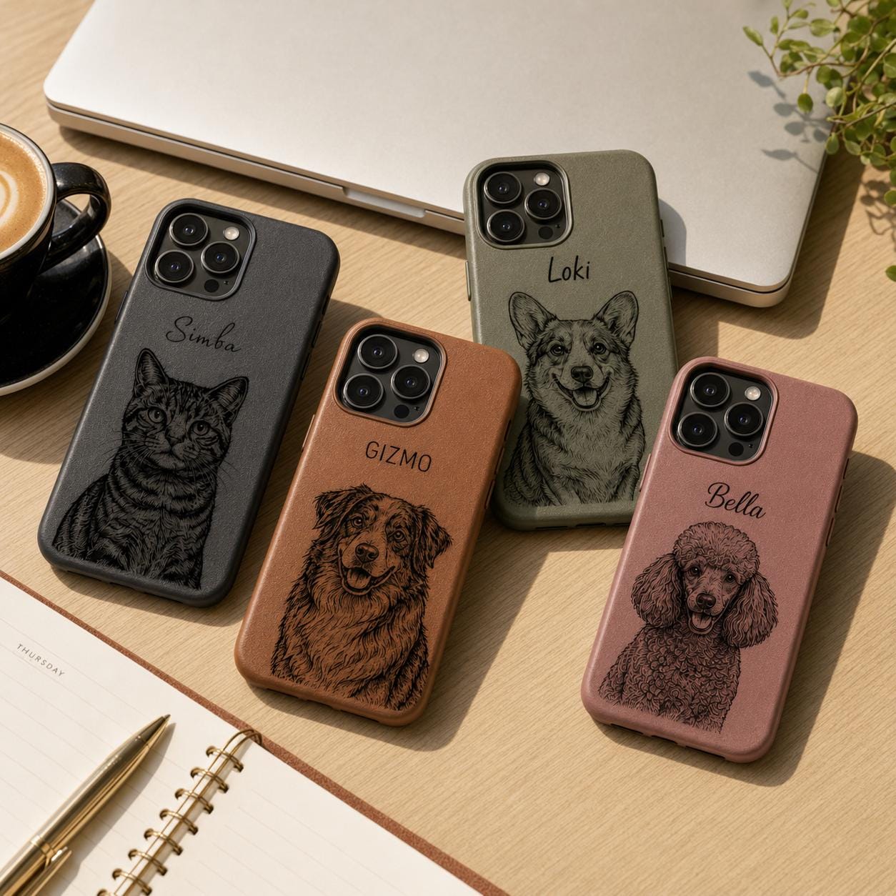Custom Pet Portrait Phone Case, Personalized Dog Cat Name Case, Engraved Leather Style Phone Cover Gift