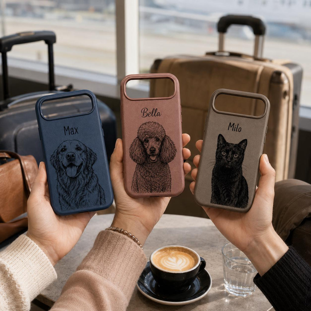 Custom Pet Portrait Phone Case, Personalized Dog Cat Name Case, Engraved Leather Style Phone Cover Gift