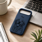 Custom Pet Portrait Phone Case, Personalized Dog Cat Name Case, Engraved Leather Style Phone Cover Gift