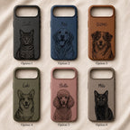 Custom Pet Portrait Phone Case, Personalized Dog Cat Name Case, Engraved Leather Style Phone Cover Gift